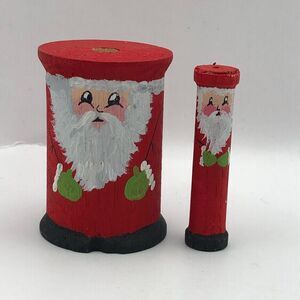 Handmade Santa Claus Christmas Holiday Hand Painted Wood Bobbin Spool 2" Signed